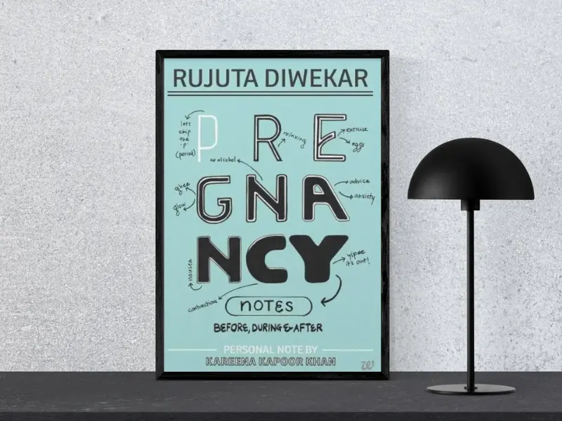 Pregnancy Notes — Before, During & After Book cover of "Pregnancy Notes — Before, During & After" by Rujuta Diwekar, featuring a black frame next to a modern black lamp.