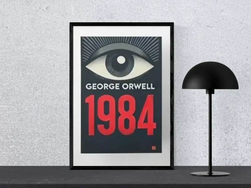 1984 by George Orwell Book cover of 1984 by George Orwell, displayed in a black frame next to a modern black lamp, highlighting one of the good books to read fiction