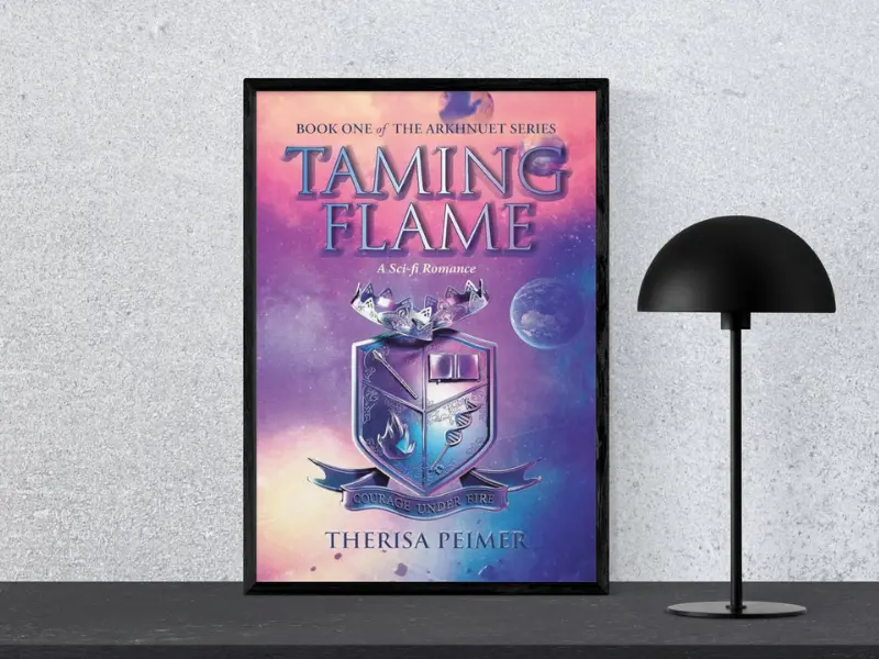 Taming Flame : A Sci-Fi Romance by Therisa Peimer Book cover of Taming Flame: A Sci-Fi Romance by Therisa Peimer, displayed in a black frame next to a modern black lamp, blending futuristic adventure with deep emotions — a unique romantic novel for teens.