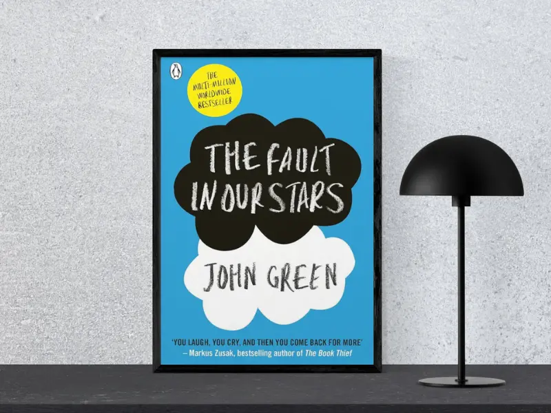 The Fault In Our Stars by John Green Book cover of The Fault In Our Stars by John Green, displayed in a black frame next to a modern black lamp, capturing a heart-touching teenage love story — one of the most popular romantic novels for teens.